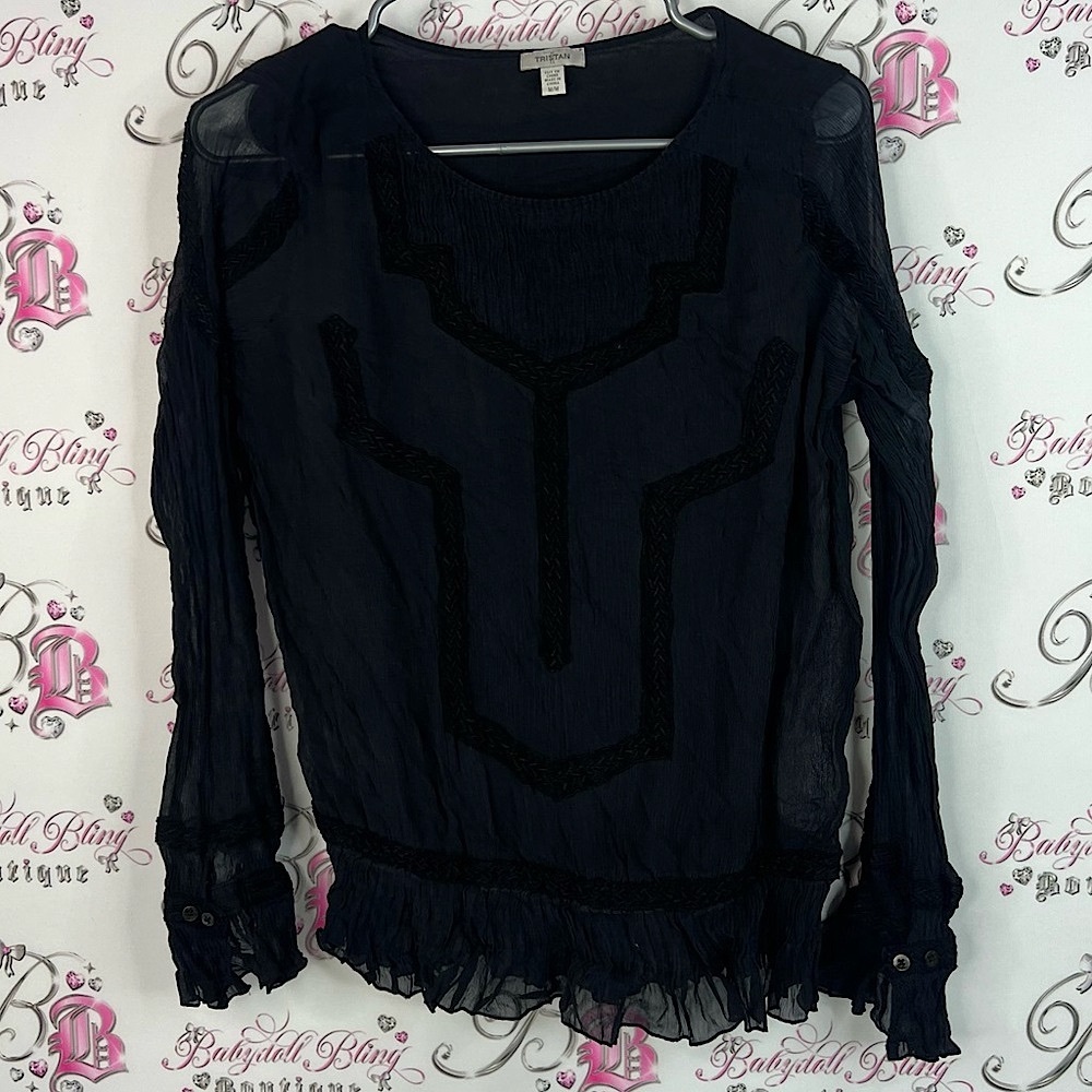Tristan blouse ruffles bell bottom sleeve Black Sheer Blouse Textured Design